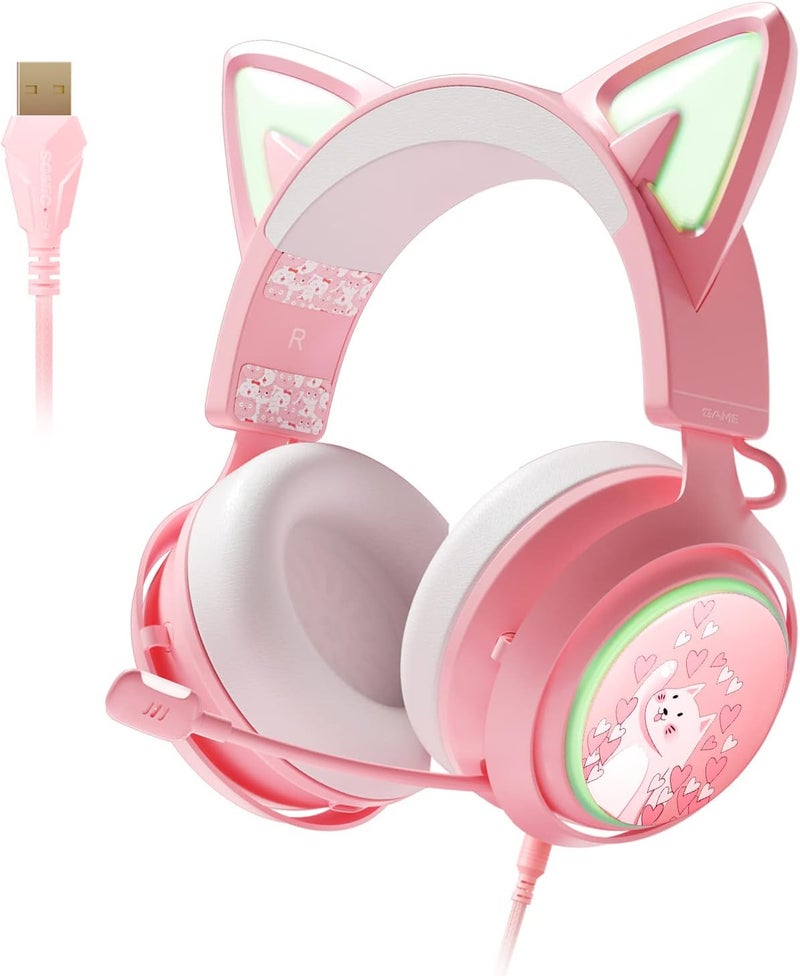 EASARS Pink Gaming Headset GS510, Wired, Over Ear, Cat Ear Design with RGB Lighting, 7.1 Surround Sound, Retractable Mic, Compatible with PC, PS4, PS5 - Image 1